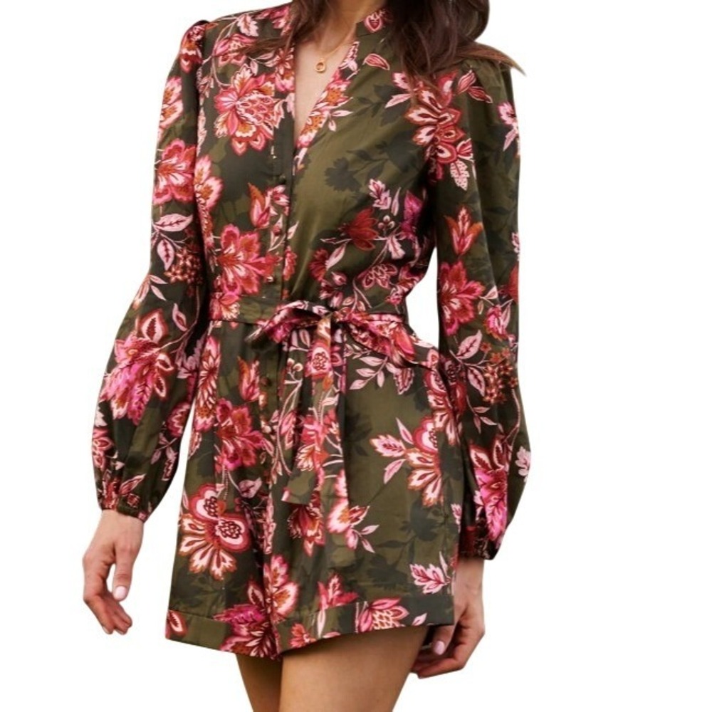 ADRIANNA PAPELL NWT Women's 12 Olive Green Pink Floral Romper Long Sleeve Belted